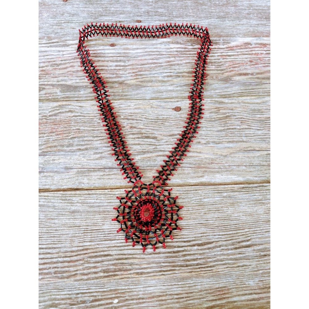 Vintage Woven Glass Seed Bead Medallion Pendant Necklace